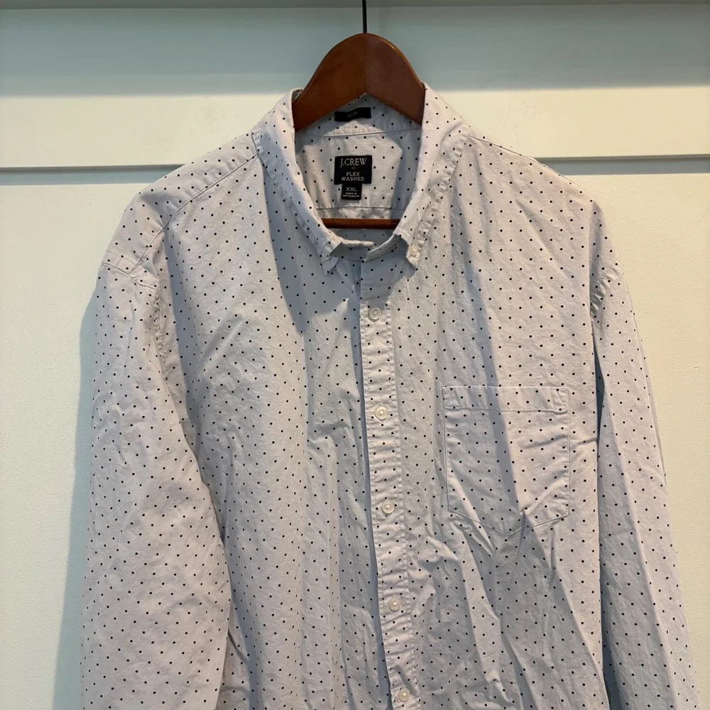 J.Crew Flex Washed Button Down Shirt Men XXL Slim Fit Blue Polka Dot Casual Work